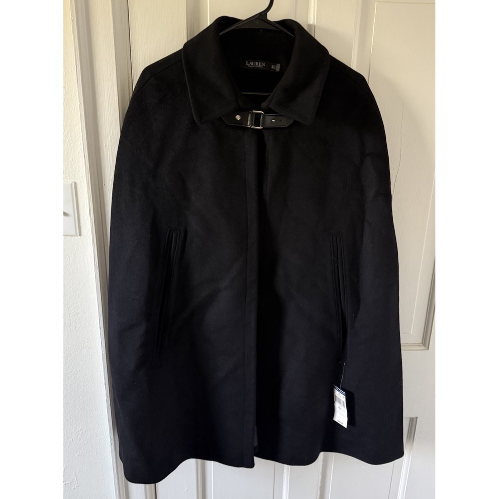 NWT Lauren Ralph Lauren Black Wool-Blend Cape Coat Cloak Buckle Closure M/L $290